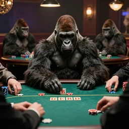 a gorilla mobster playing poker at a casino table with other gorilla mobsters