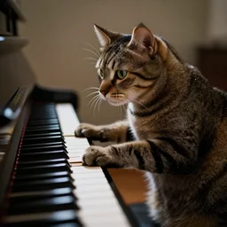a tabby cat playing the piano, dramatic