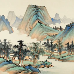 chinese landscape with mountains, traditional chinese painting,