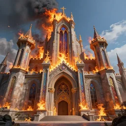 gorgeous exterior picture of a fantasy guild building, burning down, majestic design, tower, ornamental, big entrance, colorful, high fantasy, by rossdraws, ralph horsley, artstationhd