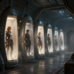 epic professional digital art of interior scene of dim spaceship chamber room of upright lit and fogged stasis pods lining wall, cinematic, detailed, intricate, grand, leesha hannigan, wayne haag, reyna rochin, ignacio fernandez rios, mark ryden, van herpen, artstation, cgsociety, epic, stunning, gorgeous, wow wow detail