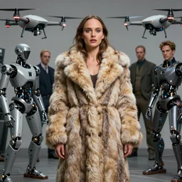 natalie portman wearing rabbit fur coat, robotic drones, highly detailed by peter mohrbacher, hajime sorayama, wayne barlowe, boris vallejo, aaron horkey, gaston bussiere, craig mullins
