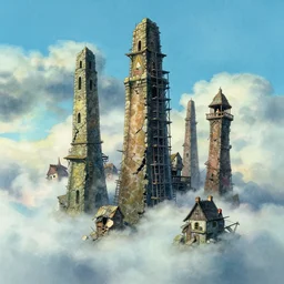 a wholesome animation key shot, thin wizard towers of ancient masonry scaffolding, cracks, rubble, makeshift houses, rise above clouds, studio ghibli, pixar and disney animation, sharp, disney concept art watercolor illustration by mandy jurgens and alphonse mucha and alena aenami, cold color palate, bloom, dramatic lighting