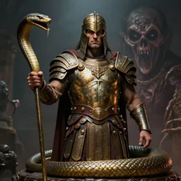 serpent - man warlord wearing bronze age plate armor, horrific background, photorealistic by alex ross
