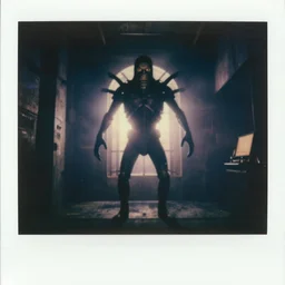 ultra wide angle a giant cenobite in a secret army base backlighting, faded color polaroid, 1 9 1 0 s photography