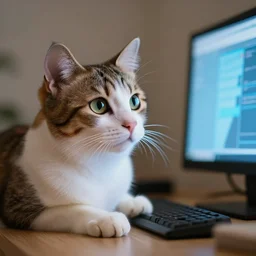 adorable cat looking at a computer screen