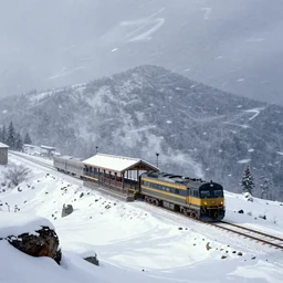 a train station on a snow - capped mountain peak, blizzard, snow, wind, a detailed matte painting by samuel f. b. morse, trending on pexels, american scene painting, photo taken with ektachrome, creative commons attribution, matte painting