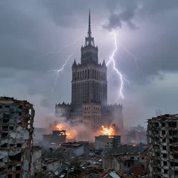 a destroyed 1 9 0 0 city with a big tower in the middle covered in mist, lightning bolts hitting and exploding the buildings, by michal karcz