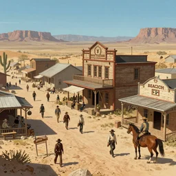 Wild West saloon in the desert, busy main street, in the style Jordan grimmer, trending on art station