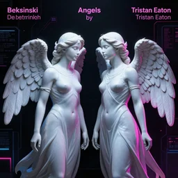 angels by beksinski and tristan eaton, dark emotional neon cyber trimmed beautiful dystopian digital art