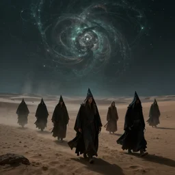 group of wizards walking through a flat desert plateau, fantasy art, dimly lit, fractal sky, horror