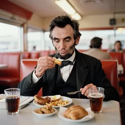 kodachrome color photograph from 1 9 6 7 of abraham lincoln eating breakfast in a diner