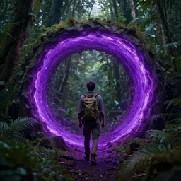 an explorer finding a purple glowing portal in the jungle, fantasy