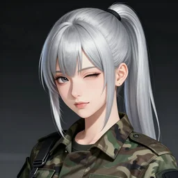 girl, silver (hair) ((ponytail)), winking, multicam (camo), trending on artstation, detailed, cinematic portrait, ilustration by Takehiko Inoue ((((and Yoann Lossel))))