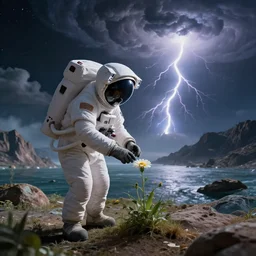 astronaut finding a flower on an alien planet with mountains, water, strange clouds, hyper realistic, dramatic lightning, ray tracing, 8 k