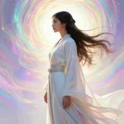 side profile, maya ali, wind sorcerer, dota, robes, elegant, concept art, smooth, bright cinematic backlit, colorful psychedelic swirly magic ripples, pastel colors, by greg rutkowski, jesper ejsing, ilya kuvshinov, artgerm, mucha
