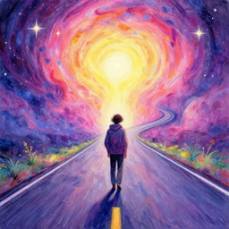 Heartbroken wanderer on the endlessly long and winding cosmic road. A concept of Melancholic Euphoric heartshine in the crush of oblivion. The vibrancy of nouveau is gilded with hollow-wishes. Trending on ArtStation. Vivid Pastel Ink Painting.
