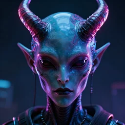synthwave demonic alien face with neon horns, detailed face, sharp focus, synthwave art, aesthetic, octane render, raw, cinematic