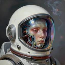 a biomechanical head inside a futuristic space helmet, vintage transistors, white plastic, iridescent visor, nebulous gas background. intricate painting by Ruan Jia, cinematic, 8k, vibrant, emotional