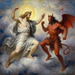 God battling the devil in heaven,oil painting