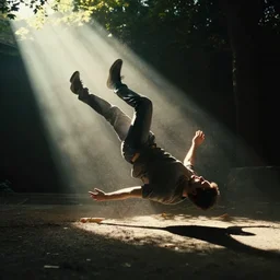 a man (falls) down a sunbeam