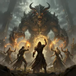 mages summoning a giant evil beast. fantasy, digital painting, hd, detailed.