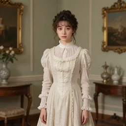 detailed studio portrait of a young victorian lady with a long cute beautiful dress in a beautiful victorian room, high quality by jeremy mann, only one head single portrait
