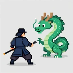 a pixel art of a samurai versus a dragon, eastern mythology