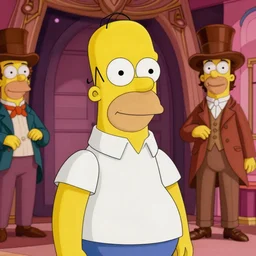 A still of Homer Simpson as Willy Wonka from Charlie and the Chocolate Factory (2005). Extremely detailed. Beautiful. 4K. Award winning.
