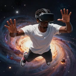 handsome black genius hacking the metaverse, vr headset, white t - shirt and jordans, flying through spacetime, exploding nebulae, highly detailed, digital painting, artstation, concept art, smooth, sharp focus, illustration, art by wlop, mars ravelo and greg rutkowski
