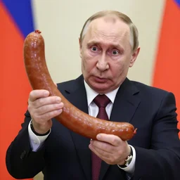 putin is struggling to hold a giant sausage, surprised face