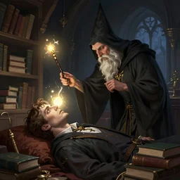 a wizard taps a wand to the forehead of a dead man, light aura around the wizard's hands, in a wizard's study with books all around, trending on artstation, digital art ( by jesper ejsing ) ( by clint cearley ) ( by raluca marinescu )