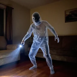 transparent horror spirit in living room interior photos shot on iphone, dynamic pose, full body shot, sharp focus, grainy, corpse, paranormal flashlight,