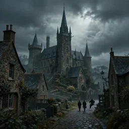extreme long shot concept art depicted an old english mystic town, dramatic mood, overcast mood, dark fantasy environment, art by tony sart and thornton oakley and darek zabrocki, trending on artstation, unreal engine, hyper - real movie shot