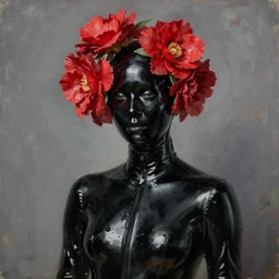 someone dressed with black latex, wearing red flowers. by etam cru, jean - leon gerome. highly detailed oil painting