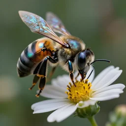 super macro of an iridescent mechanical cyborg bee drinking from a flower in the forest. fantasy magic style. highly detailed 8 k. intricate. nikon d 8 5 0 3 0 0 mm. award winning photography.