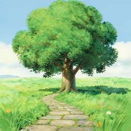 cute ash tree, stone walkpath landfield, gouache matte painting by pixar studio miyazaki ghibli