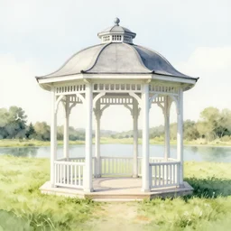 white gazebo in the middle of a calm meadow, classical architecture, 8k HD detailed intricate watercolor painting