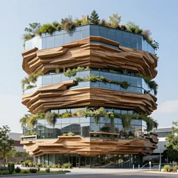 3 d layered hexagonal prismatic wooden facade layered on top of glass with vegetation - w 1 0 8 0