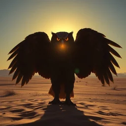 monstrously large black owl blocking the sun with its huge wingspan, standing on sand in the desert, greg rutwolski, alphonse mucha