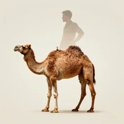 the camel from the camel cigarettes logo with what appears to be the hazy image of a man in profile hidden in the pattern of fur on the camel, with his hands on his hips, just lined up with the camel's front legs and facing towards its rear