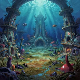 Colorful, creepy landscape painting of detailed interior of giant underwater marine theme park LeMU, Erste Boden, completely flooded, destroyed, submerged, ruined, wrecked, anime key visual by Craig Mullins
