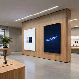 2 0 5 0 s flagship retail interior. experience. telco digital screens phones. wood, polished concrete, neon, ceiling spots. plants. samsung microsoft apple nike adidas tesla muted colors. by hugh ferriss