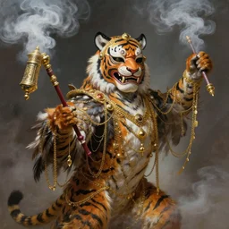 masterful fantastic realist painting an exotic ancient feathered and bejeweled bird wearing an exquisitely painted bugaku mask of a tiger, gold chains strung like tinsel, digital painting trending on artstation, viciously blinded, bugaku tiger cosplay, swinging holy censors with thick smoke, volumetric lighting and mist, 3 / 4 portrait painting, hyperrealistic, octane