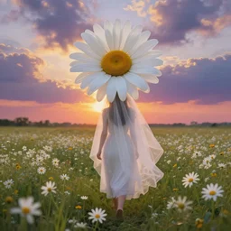 giant white daisy flower crown head, veil girl walking in a flower field, surreal photography, sunrise, dramatic light, impressionist painting, colorful clouds, digital painting, artstation, simon stalenhag