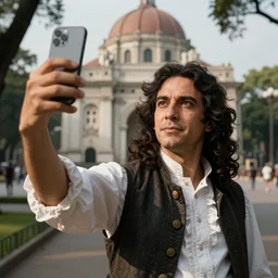 ferdinand magellan taking a selfie at rizal park, realistic, shot on an iphone