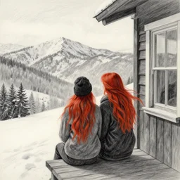 a pencil drawing of a boy and a girl with long flowing auburn hair sitting together on the porch of a cabin on a mountain overlooking a snowy landscape. atmospheric lighting, romantic, boy and girl, cold lighting, snowy. by pen tacular.
