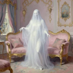 a renaissance oil painting by Alma Tadema of a ghost inside an intricately decorated living room, pastel color scheme, digital painting, high detail