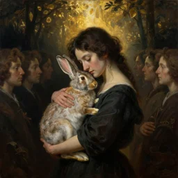 a woman hugs rabbit a in a dark landscape full of human heads, golden light in center, hyper realistic, oil painting, highly detailed, by rembrandt