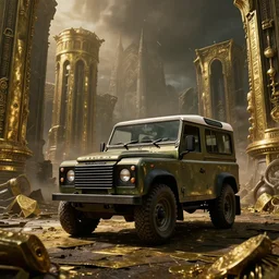 Land Rover Defender 110 (1985), The Elder Scrolls V: Skyrim, Markarth, The Reach, ancient brass dwemer ruins, brass debris, brass and steam technology, an epic fantasy, dramatic lighting, cinematic, establishing shot, extremely high detail, photorealistic, cinematic lighting, artstation, by simon stalenhag
